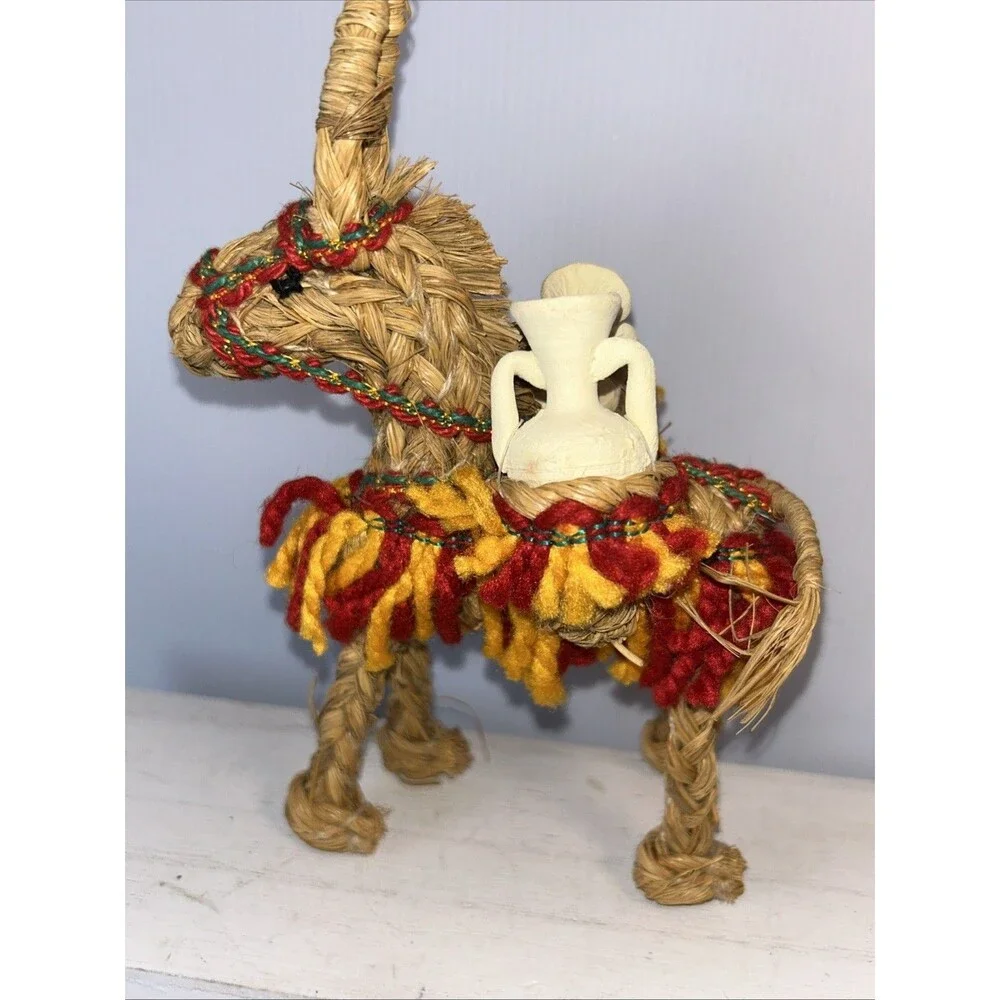 Mexican Woven Straw Donkey Burro w/Clay Pots- Pack Mule Figure Vintage Decor